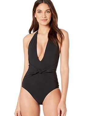 Like New Tory Burch Tie Front Black Open Back Halter One-Piece Swimsuit Small